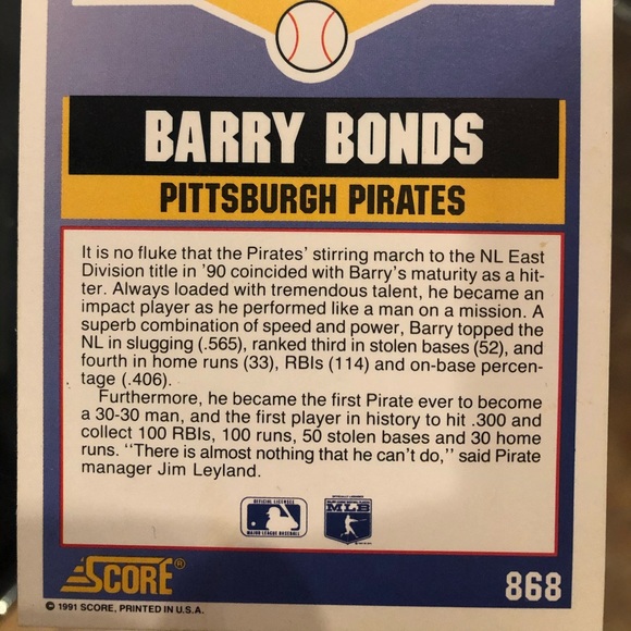 1991 Score Barry Bonds Card - Picture 2 of 2